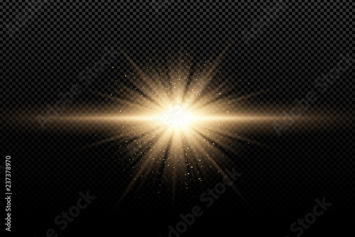 Golden stylish light effect on a dark transparent background. Golden magical rays and flying golden glitters. Bright explosion. Sunlight. Christmas light. Vector illustration photo