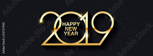 Happy New Year 2019 text design. Vector greeting illustration with golden numbers. Merry christmas and happy new year 2019 vector greeting card and poster design.