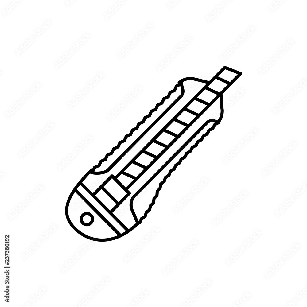 Black & white vector illustration of box cutter. Line icon of utility stationery knife. Isolated object Black & white vector illustration of box cutter. Line icon of utility stationery knife. Isolated object