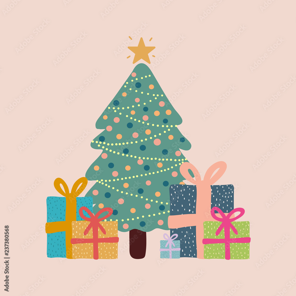 Vector of a christmas tree with lights, a star and gifts