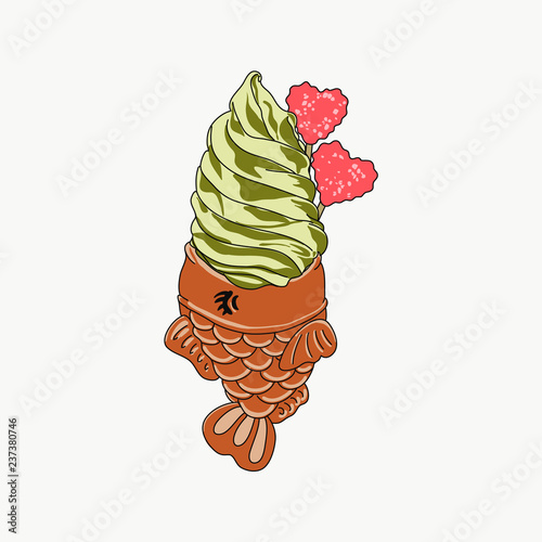 Vector of an ice cream with lollipops and colorful decorative candies and a fish cracker