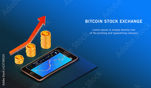 Bitcoin up growth concept. Bitcoin revenue illustration. Forex trading chart online. Exchange mobile application.  Stacks of gold coins like income graph with bitcoin. Red arrow 3d. Vector isometric.