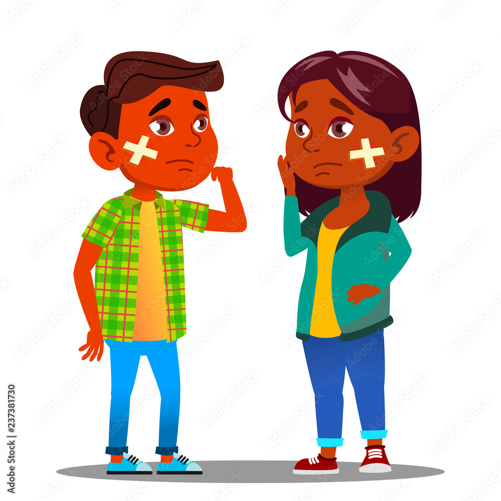 Sad Indian Child Girl, Boy With Cross With Scratch And Cross Medical Patch On Cheek Vector. Isolated Cartoon Illustration Sad Indian Child Girl, Boy With Cross With Scratch And Cross Medical Patch On Cheek Vector. Isolated Cartoon Illustration