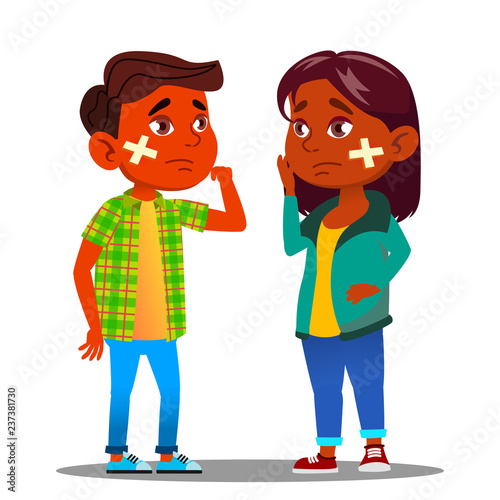 Sad Indian Child Girl, Boy With Cross With Scratch And Cross Medical Patch On Cheek Vector. Isolated Cartoon Illustration