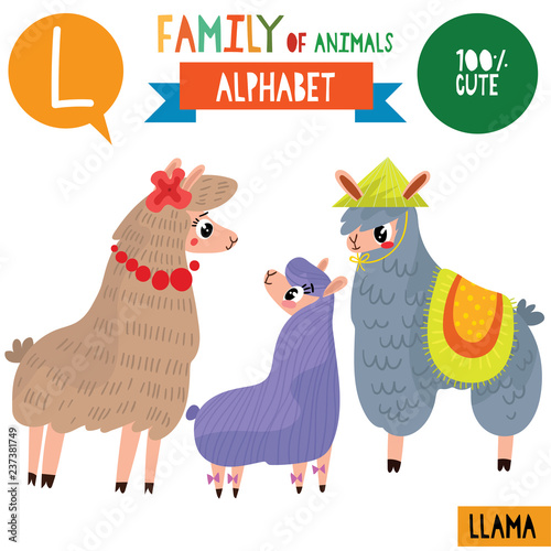 Letter L-Mega big set.Cute vector alphabet with family of animals in cartoon style.