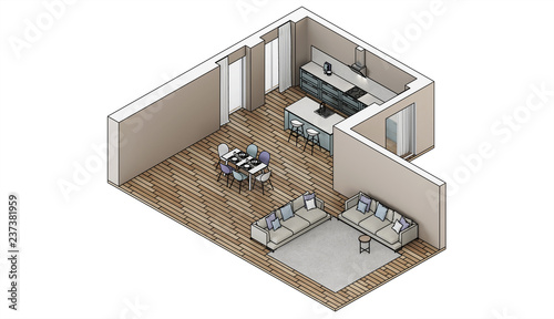 Modern house interior. Design project. Sketch. Orthogonal projection. 3D rendering. © artemp1