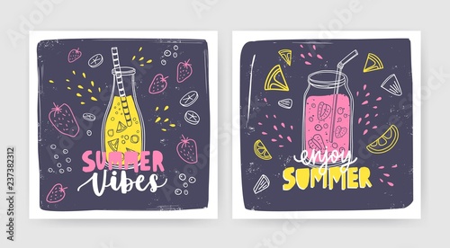 Bundle of square card templates with smoothies, juices or cocktails in bottle and jar with straw and lettering. Summer refreshing drinks with fruits and berries. Seasonal vector illustration.