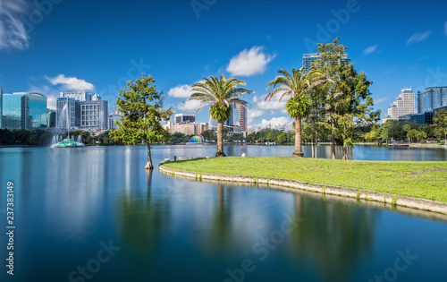 Downtown Orlando from Lake Eola Park on a beautiful sunny Day photo