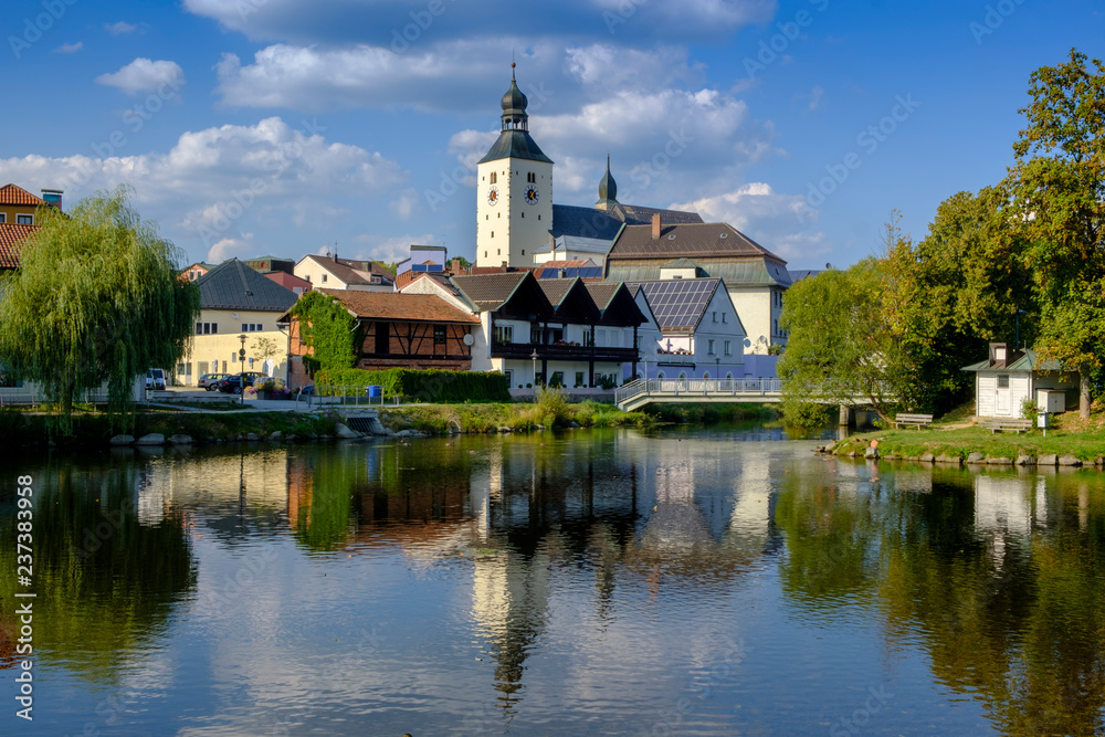 Germany, Lower Bavaria, Regen, city view and Regen river, St Michael's Church Germany, Lower Bavaria, Regen, city view and Regen river, St Michael's Church