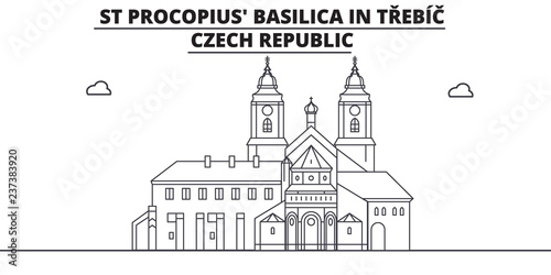 Czech Republic - Trebic, St Procopius Basilica travel famous landmark skyline, panorama vector. Czech Republic - Trebic, St Procopius Basilica linear illustration