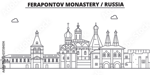 Russia - Vologda, Ferapontov Monastery travel famous landmark skyline, panorama vector. Russia - Vologda, Ferapontov Monastery linear illustration