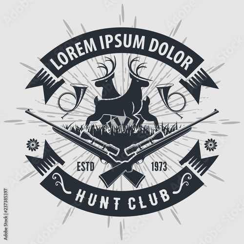 Vintage style hunt club logo with hunting rifles and two deer. Vector illustration