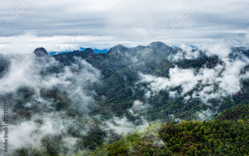 Fototapeta Naklejka Na Ścianę i Meble -  Aerial view of foggy green mountain