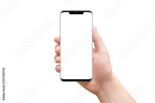 Male hand holding new modern black phone with empty screen on white background