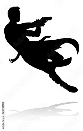 Silhouette person in an action movie film shoot out pose