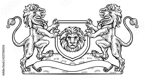 A medieval heraldic coat of arms emblem featuring rampant lion animal supporters flanking a shield charge in a vintage woodblock style.