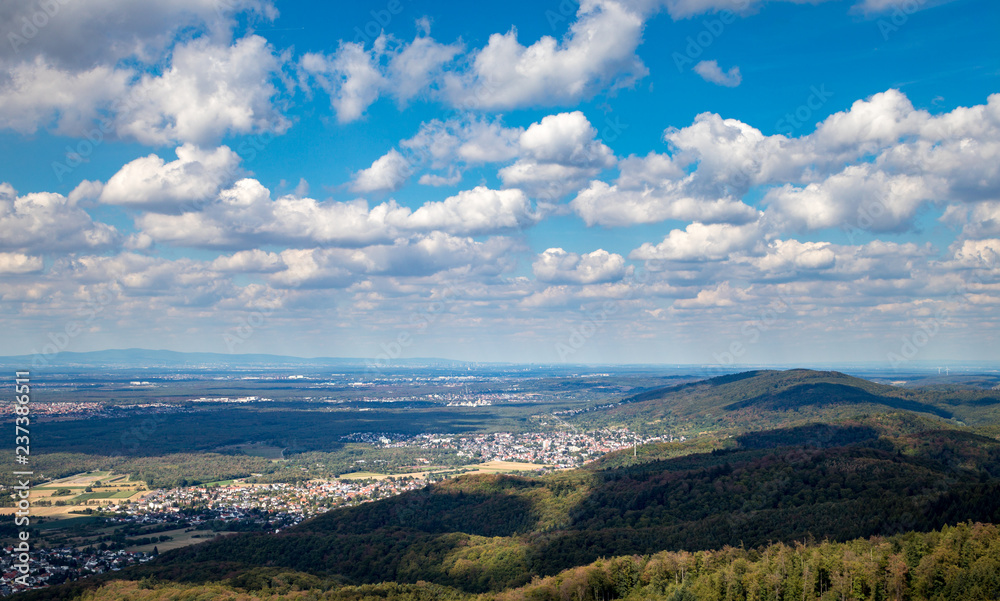 View north towards Frankfurt from Melibokus, the highest mountain of the forest of odes, Hessia, Germany.