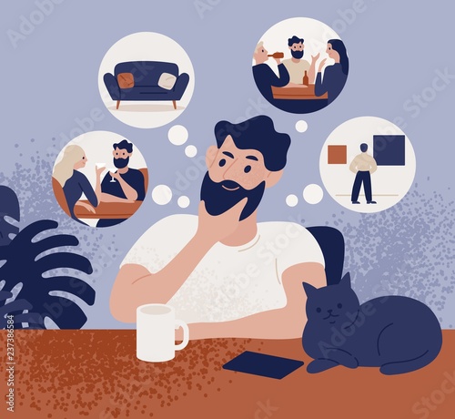 Thoughtful bearded man sitting at table and thinking of leisure or recreational activities to choose. Cute pensive guy and his pastime choice. Colorful vector illustration in flat cartoon style.