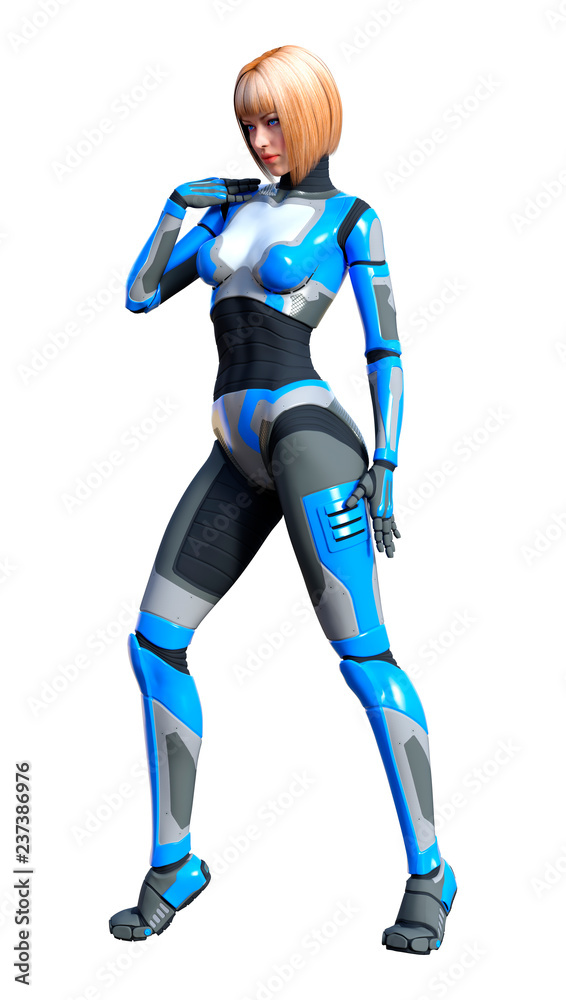 3D Rendering Female Robot on White