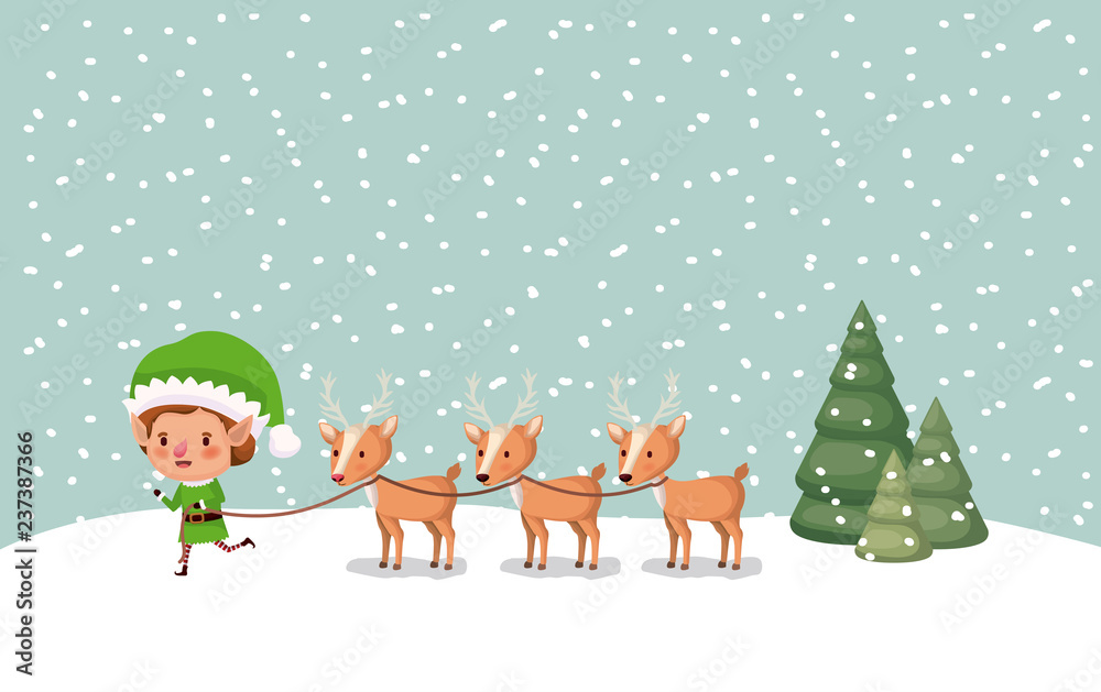 cute santa helper with reindeer in snowscape cute santa helper with reindeer in snowscape