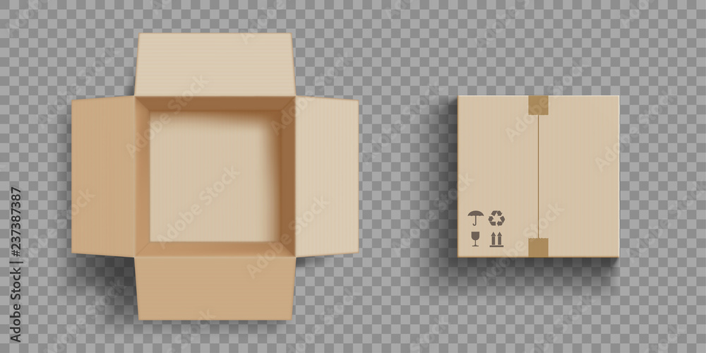 Empty open and closed cardboard box. Isolated on a transparent background - obrazy, fototapety, plakaty 