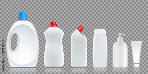 Set bottles with detergent, soap, washing powder, cream.