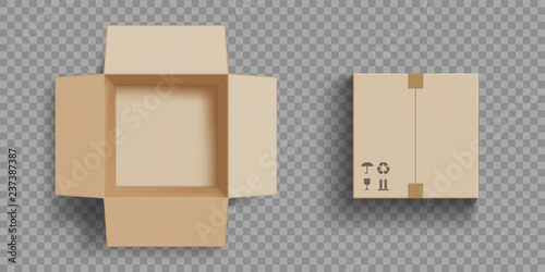 Empty open and closed cardboard box. Isolated on a transparent background