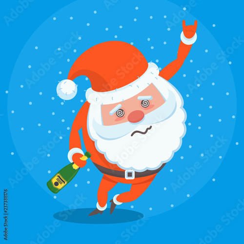 Drunk miserable tired Santa Claus character. Party with alcohol, hangover. Celebration of Merry Christmas and New Year. For Holiday Greeting cards, banners, tags and labels.
