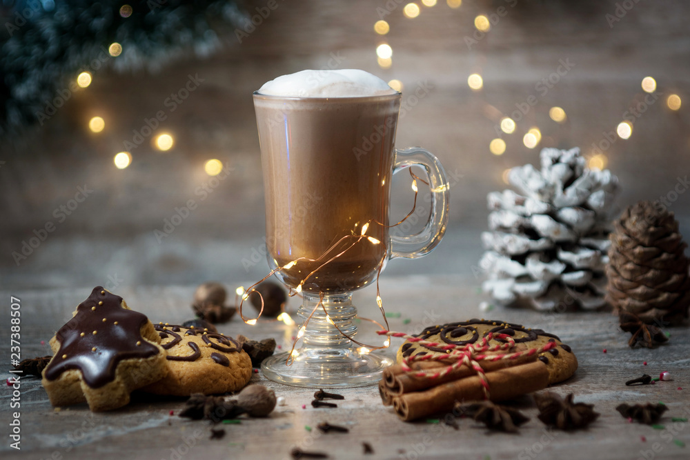 cocoa with cinnamon and gingerbread. the concept of Christmas cocoa with cinnamon and gingerbread. the concept of Christmas