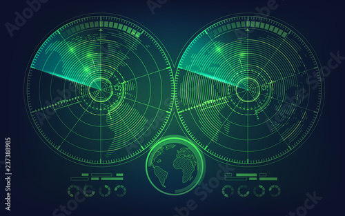 radar screen and world map in futuristic style photo