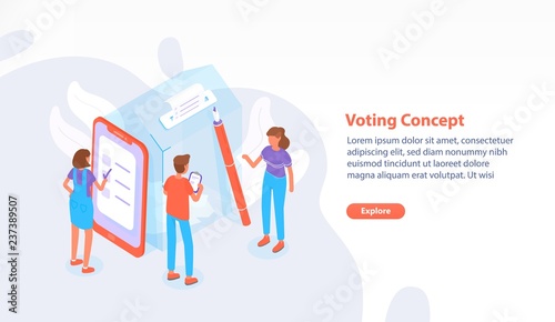 Web page, website or banner template with people standing beside giant ballot box at polling station and voting or taking part in election process. Modern colorful isometric vector illustration.