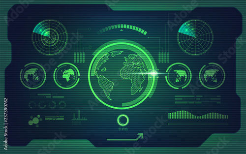 radar screen and world map in futuristic style