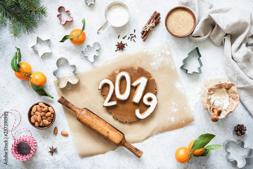 2019 numbers gingerbread cookies New Year baking concept. Top view. Happy New Year, Merry Christmas greeting card, invitation card, web banner or design