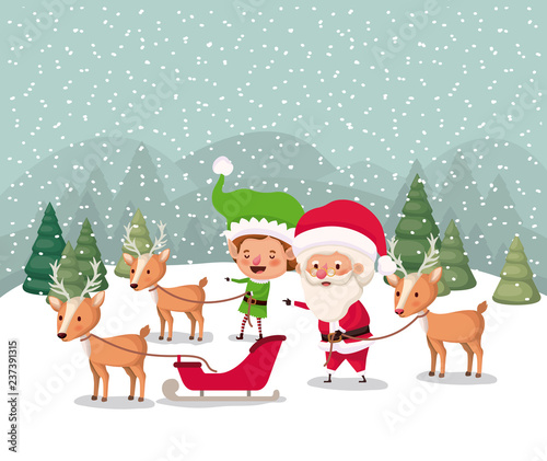 santa and helper with carriage snowscape