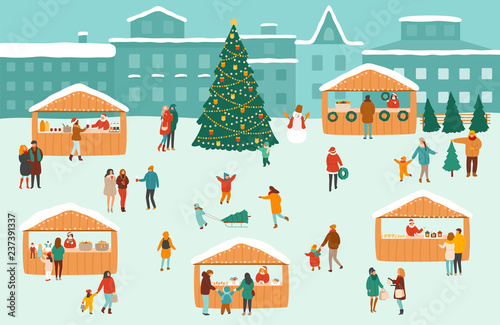 Vector illustration of a Christmas market or holiday outdoor fair on town square