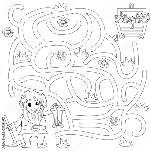 Help gnome find path to treasure chest . Labyrinth. Maze game for kids. Black and white vector illustration for coloring book