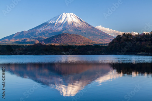 精進湖湖畔から湖面に映る富士山と青空