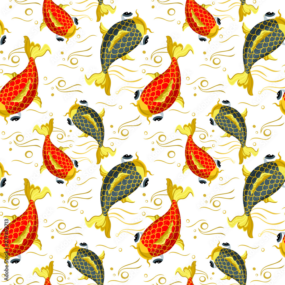 Obraz premium Carps seamless pattern with koi fishes top view background. Nice wrapping paper or textile repeatable print