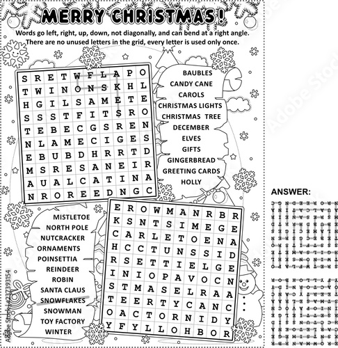 Christmas themed zigzag word search puzzle and coloring page. Answer included.
