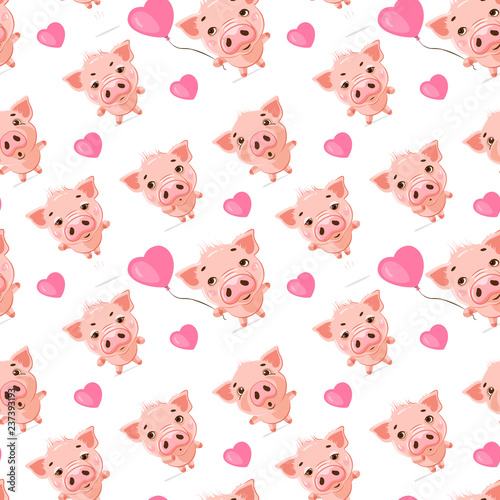 Fototapeta Naklejka Na Ścianę i Meble -  Seamless pattern of cute pigs with emotions of joy and happiness. Symbol of the year 2019. Nice wrapping paper or textile repeatable print.