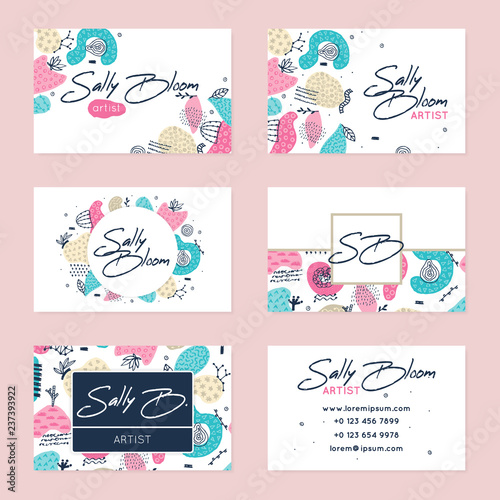Set of vector business card templates. Hand drawn abstract shapes with different textures, spots and decorative elements on white backgrounds. Doodle. Creative unique design. Freehand style. Eps10
