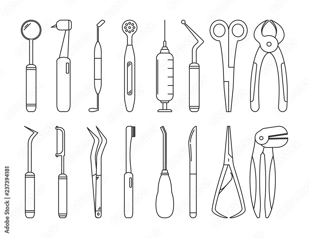 Set of dentistry tools on a white background in the style of icons