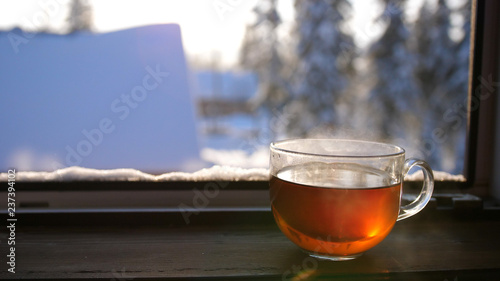 Winter frosty day. A Cup of hot tea in the morning.