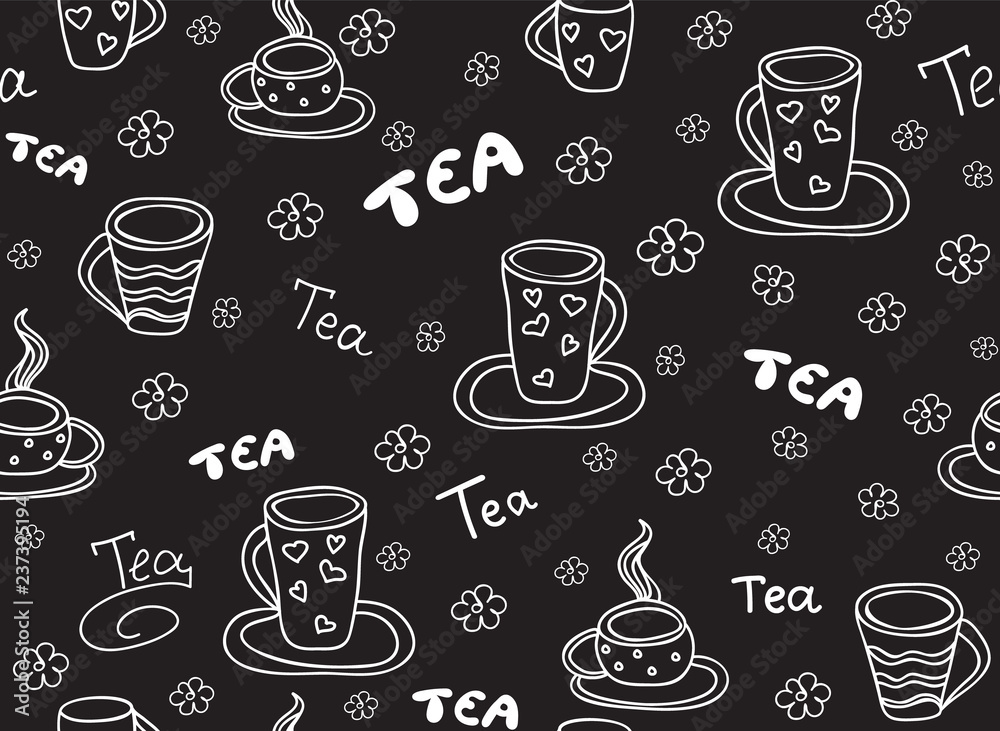 Food and beverage vector seamless pattern with tea cups and the words, 