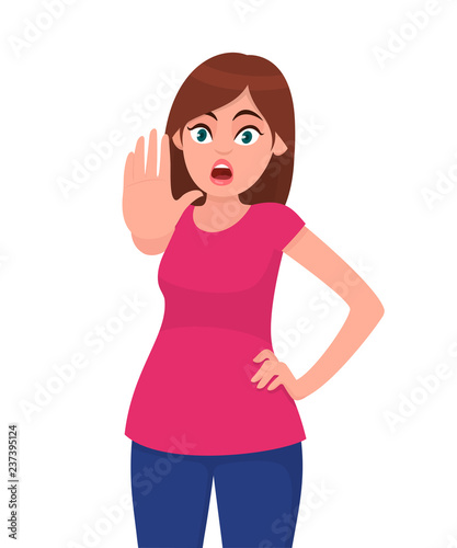 Young woman showing stop gesture .sign with palm of the hand. Young girl requiring stop with her hand. Prohibition symbol. Emotion and body language concept illustration in vector cartoon flat style.