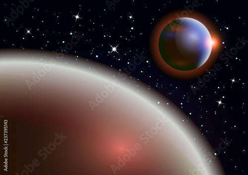Fantastic background of outer space with planets, sky and stars. Vector illustration.