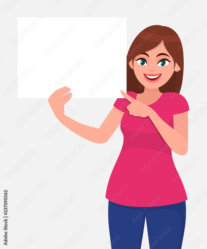 Young beautiful woman smiling and holding a blank / empty sheet of white paper or board and pointing with index finger. Human emotion & body language concept illustration in vector cartoon flat style. Young beautiful woman smiling and holding a blank / empty sheet of white paper or board and pointing with index finger. Human emotion & body language concept illustration in vector cartoon flat style.