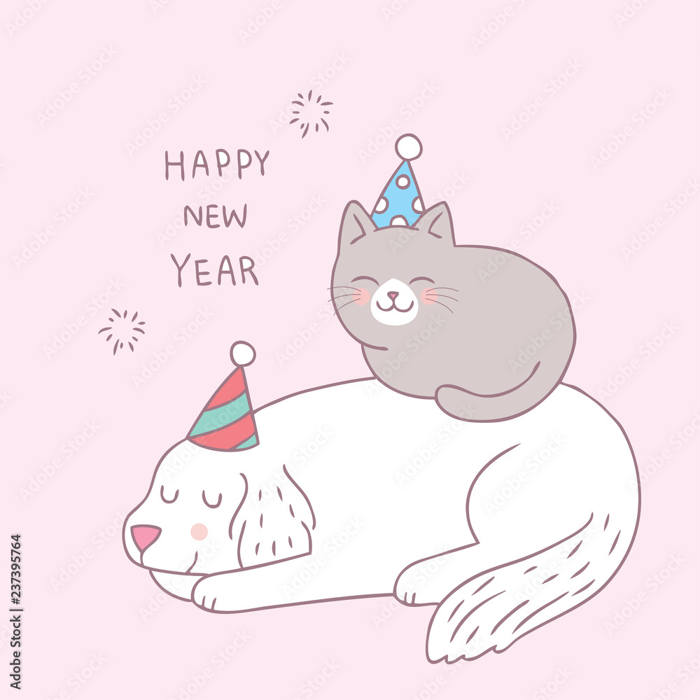 Cartoon cute dog and cat Happy new year vector. Cartoon cute dog and cat Happy new year vector.