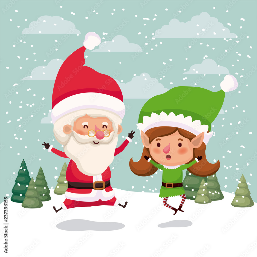 cute santa claus and girl helper in the snowscape cute santa claus and girl helper in the snowscape