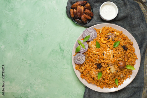 Delicious spicy chicken Biryani, it’s a popular Indian and Pakistani food.

